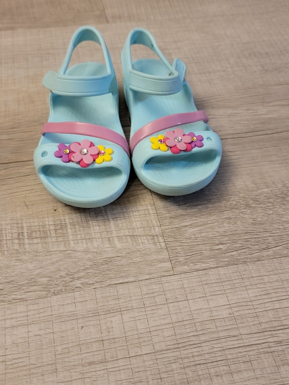 CROCS Light Blue Kids Sandals with Pink Strap and Floral Charms